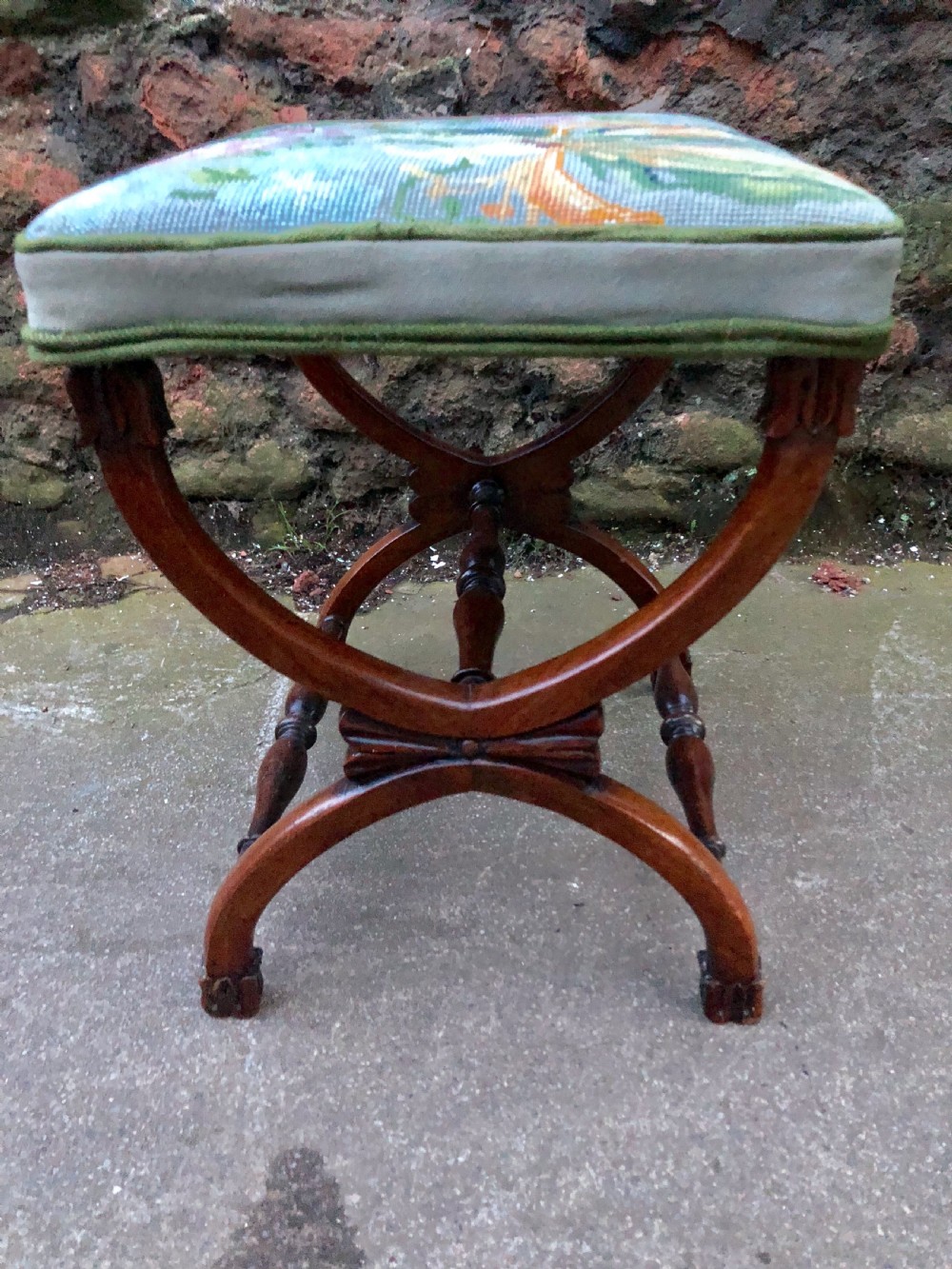 C19th small rosewood X framed stool with tapestry cover View IV