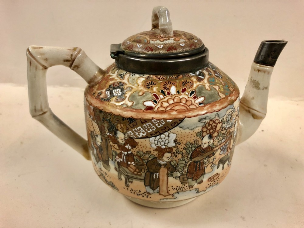 Japanese satsuma teapot with English silver HM hinge and spout C1888