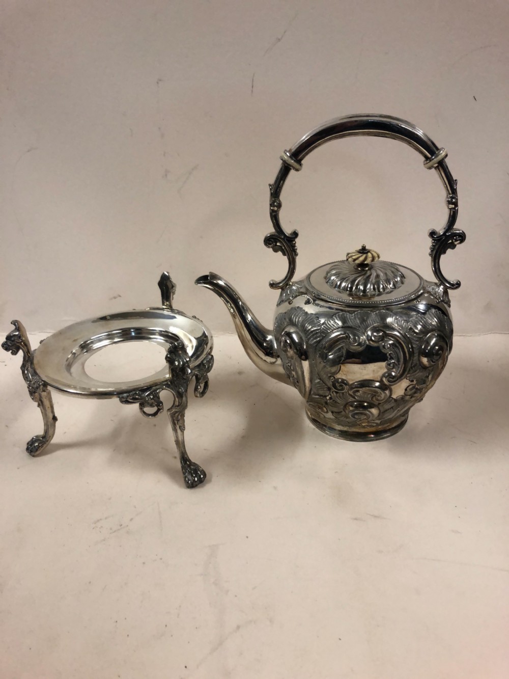 A silver plated kettle on stand  View X