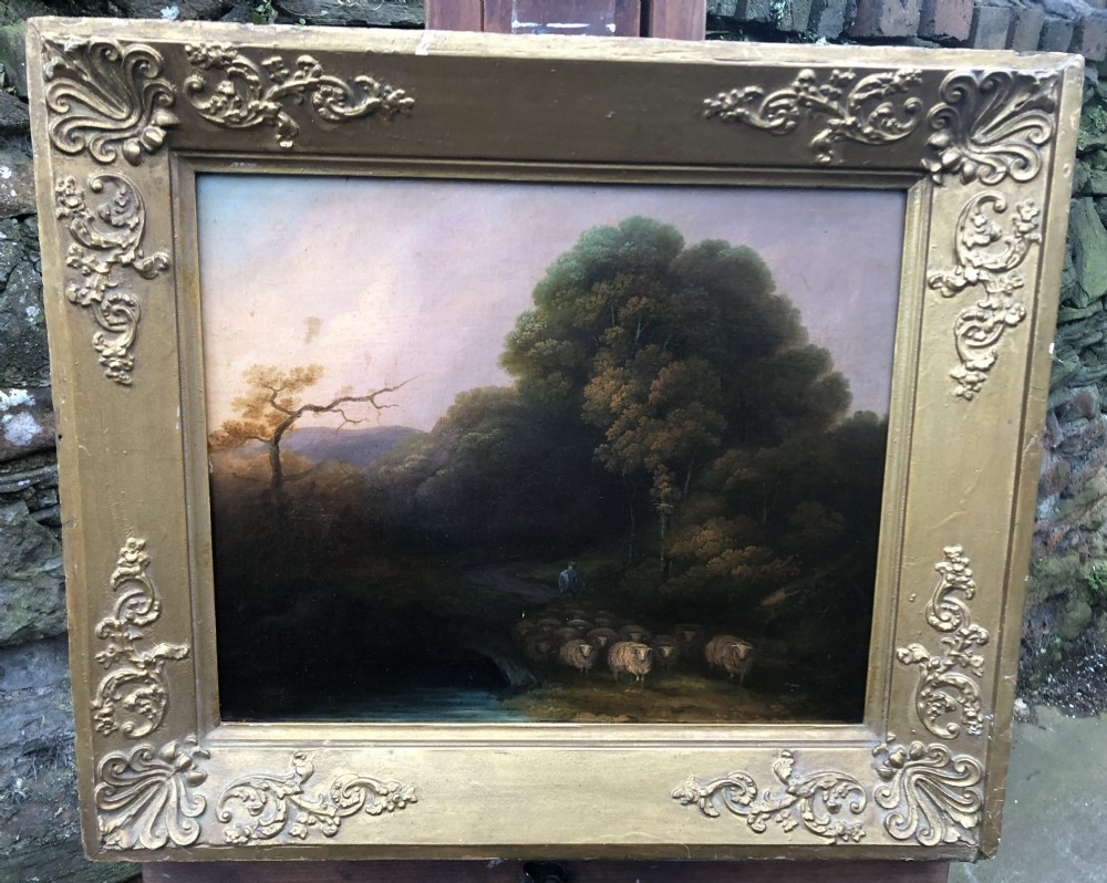 Oil painting of shepherd driving sheep at the end of the day Thos W Walton