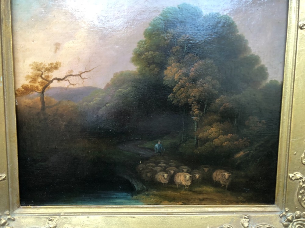 Oil painting of shepherd driving sheep at the end of the day Thos W Walton View IV