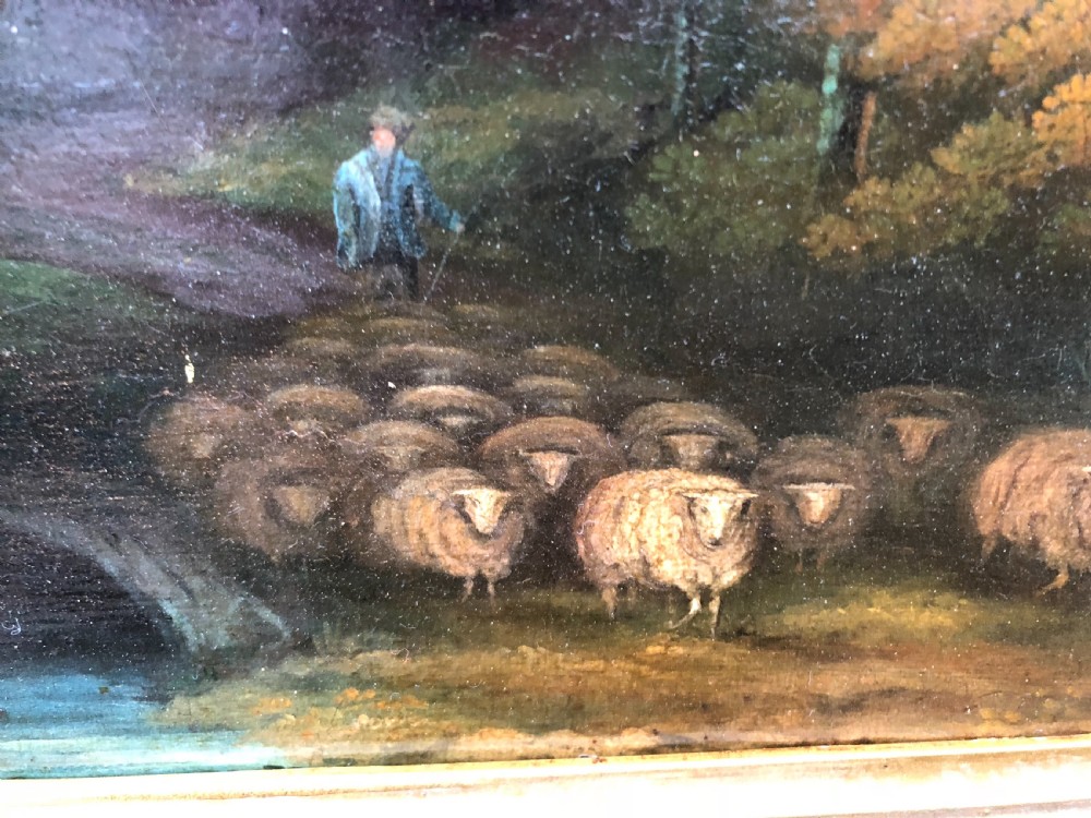 Oil painting of shepherd driving sheep at the end of the day Thos W Walton View V