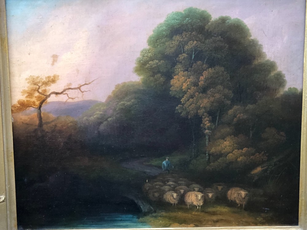 Oil painting of shepherd driving sheep at the end of the day Thos W Walton View VII