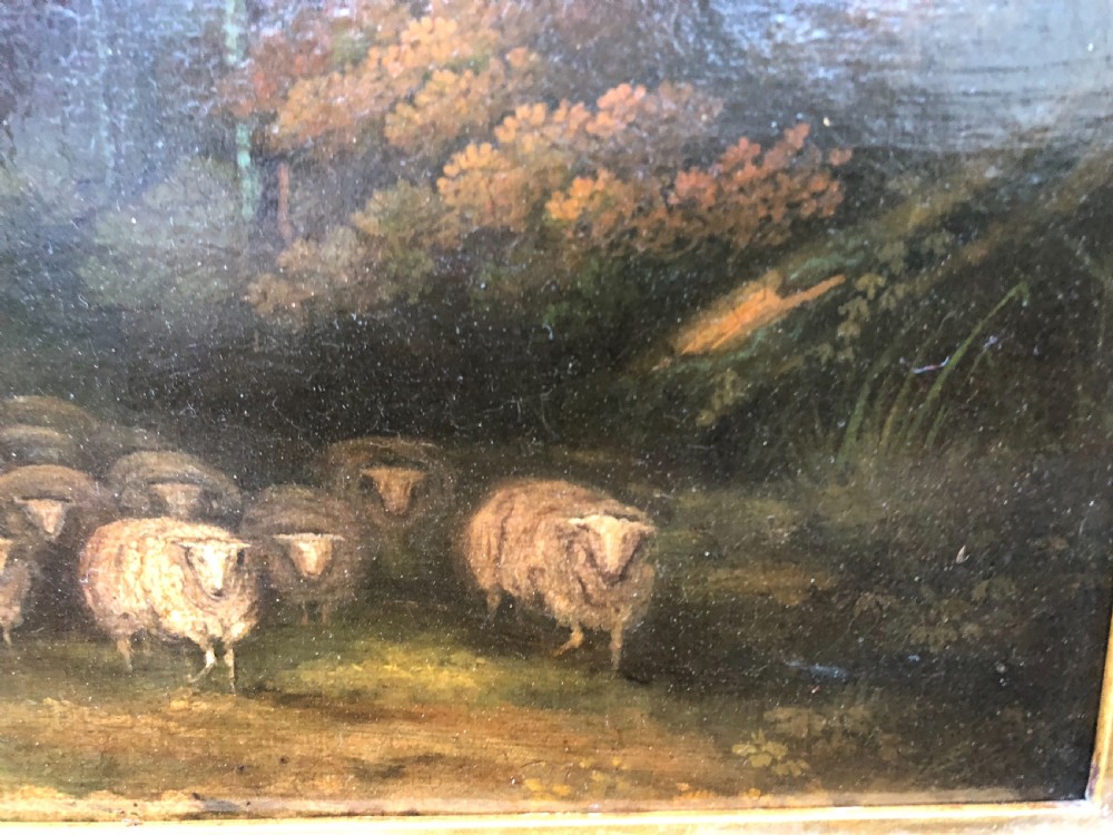 Oil painting of shepherd driving sheep at the end of the day Thos W Walton View VIII
