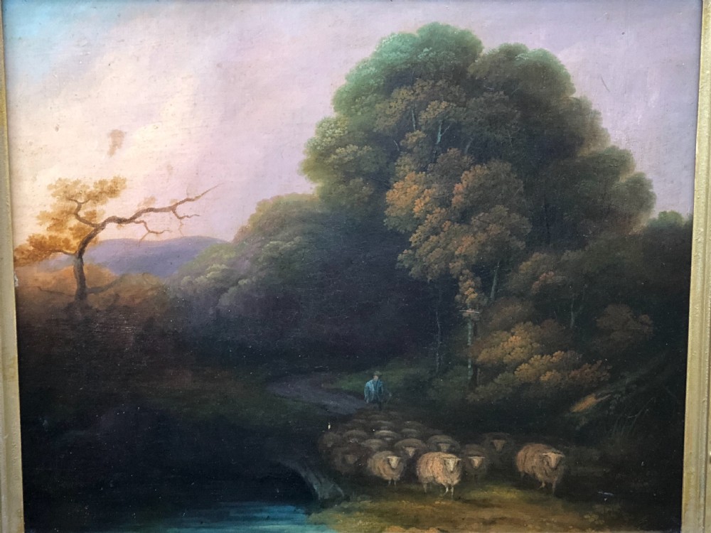 Oil painting of shepherd driving sheep at the end of the day Thos W Walton View IX