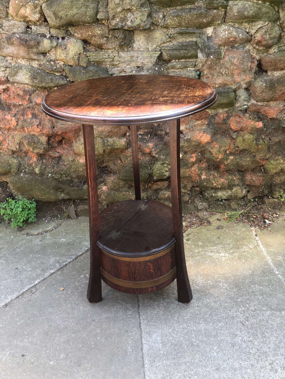 Edwardian  arts and crafts table with coopered barrelled lidded base  View II