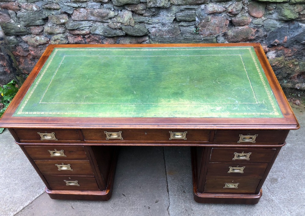 C19th pedestal desk with inset brass handles  View II