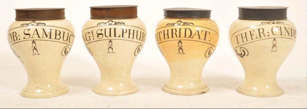 Four C18th queensware apothecary drug jars 