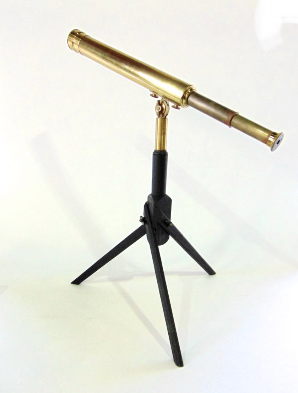 C19th brass three drawer telescope on tripod wooden base 