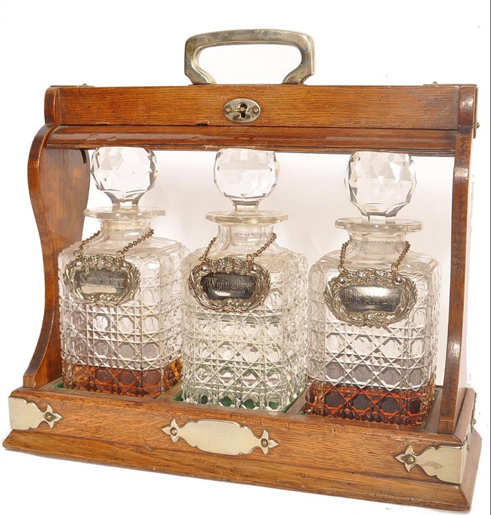C19th Victorian triple decanter oak Tantalus