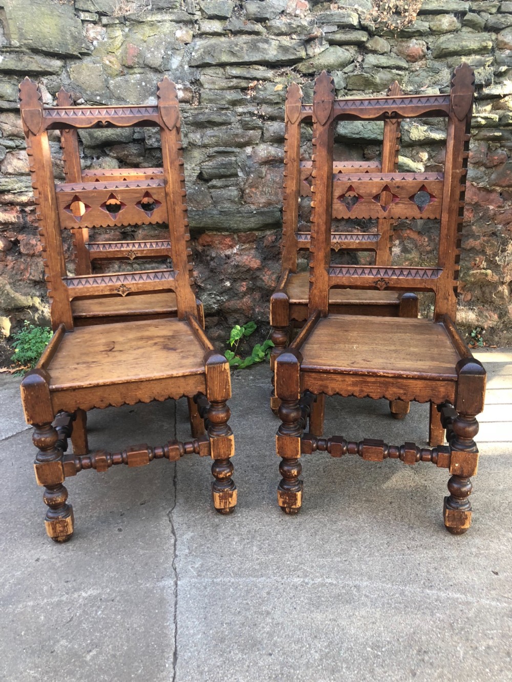 Set of four pitch pine Irish gothic chairs  View II