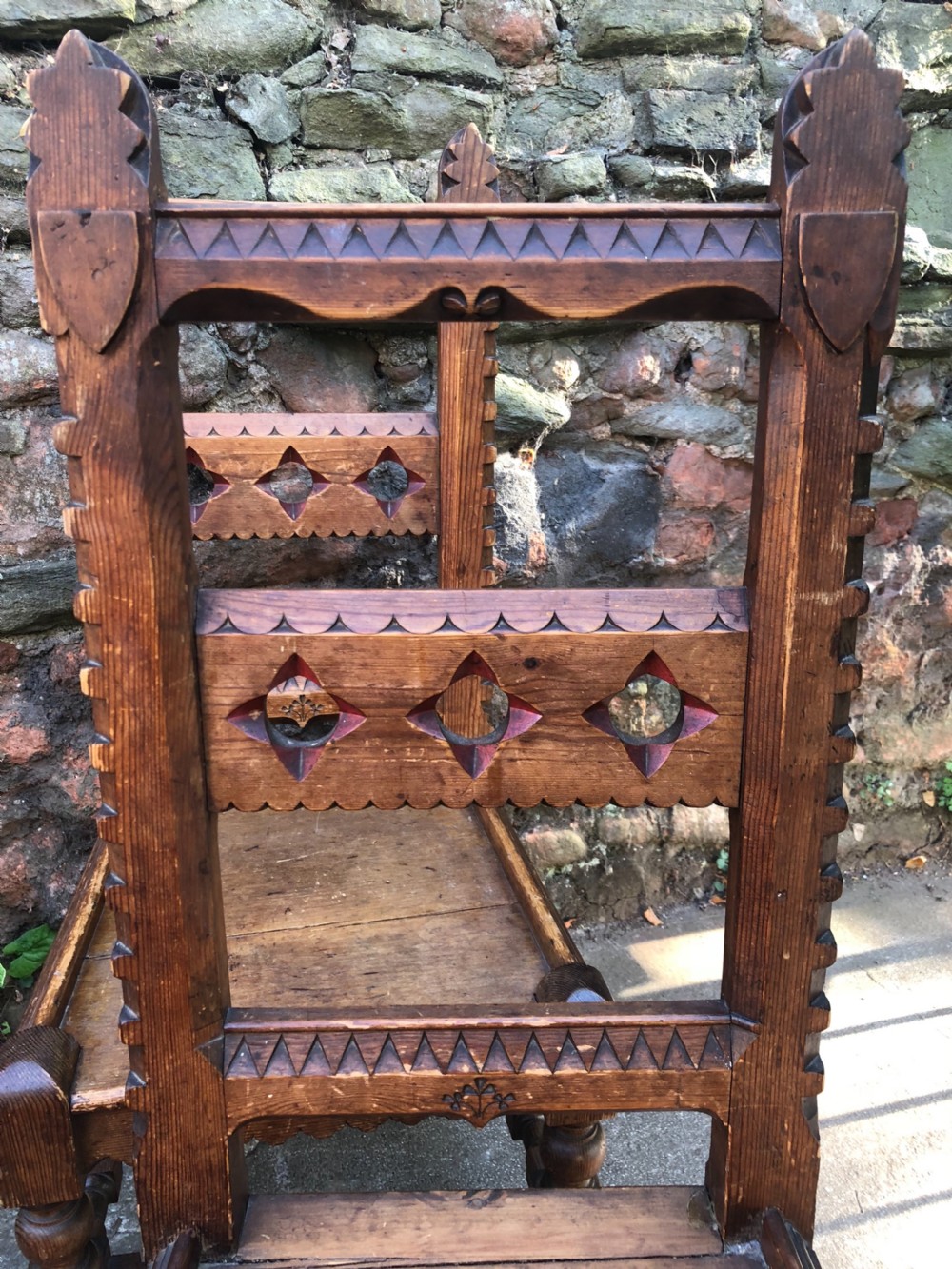 Set of four pitch pine Irish gothic chairs  View III