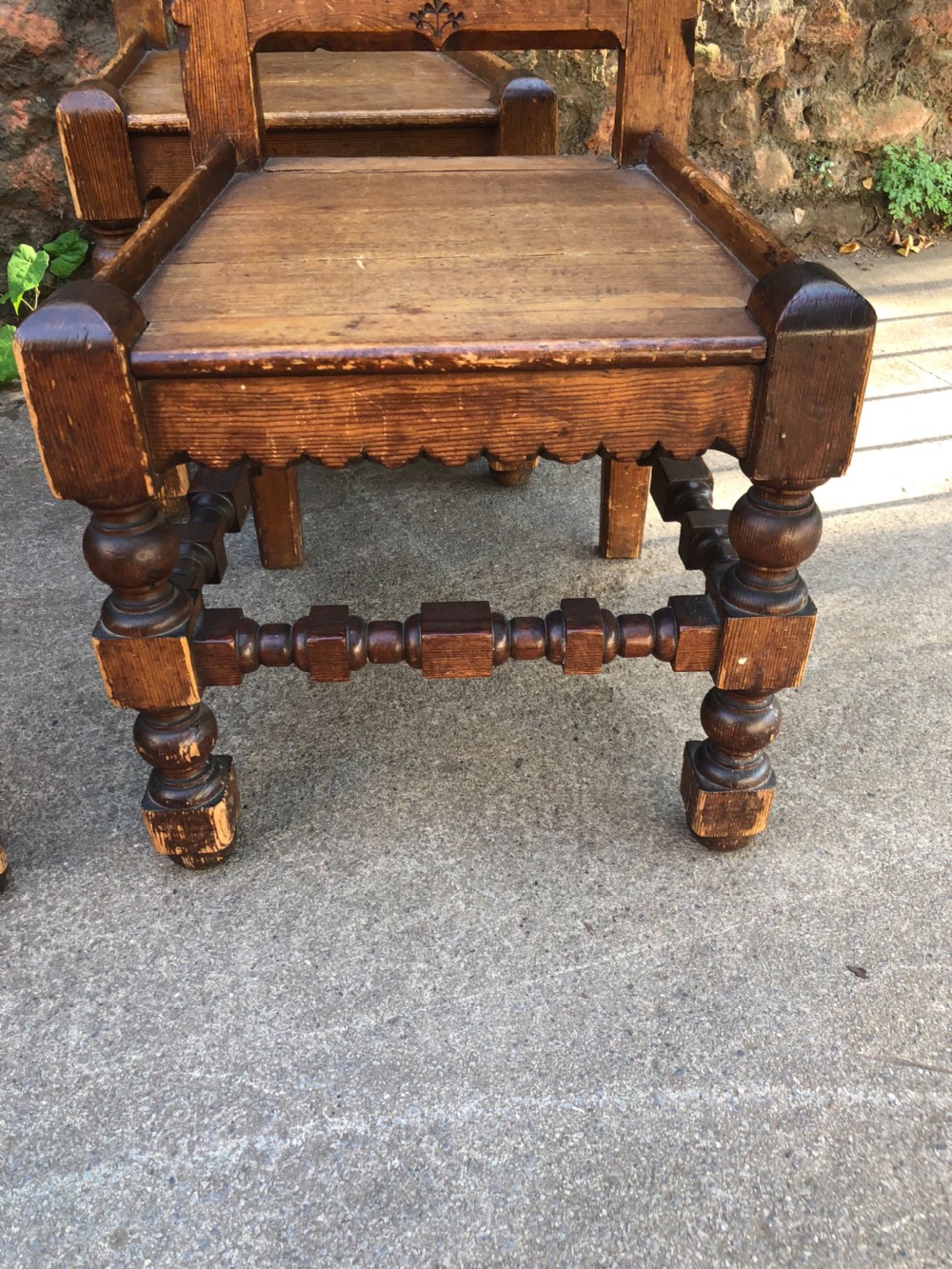 Set of four pitch pine Irish gothic chairs  View IV