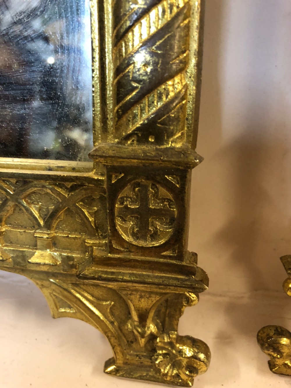 C19th Gothic mirror triptych in gilded bronze  View X
