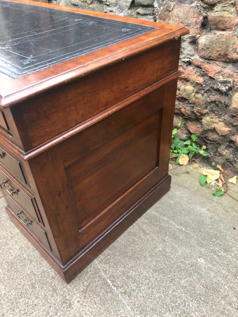 C19th walnut nine drawer pedestal desk with inset leather top View V
