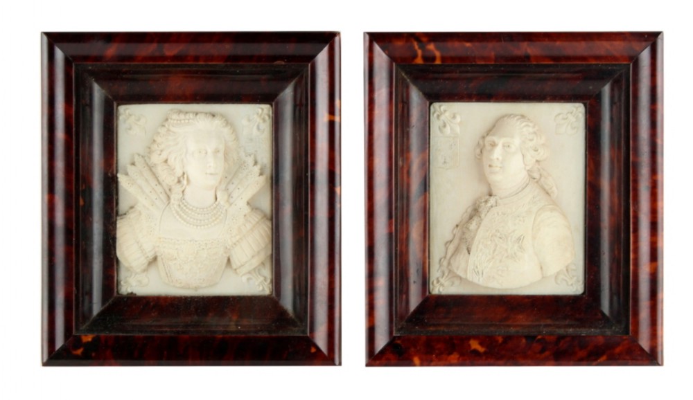Pair of tortoishell framed dieppe ivory carvings of Louis XVI and Marie Antoinette