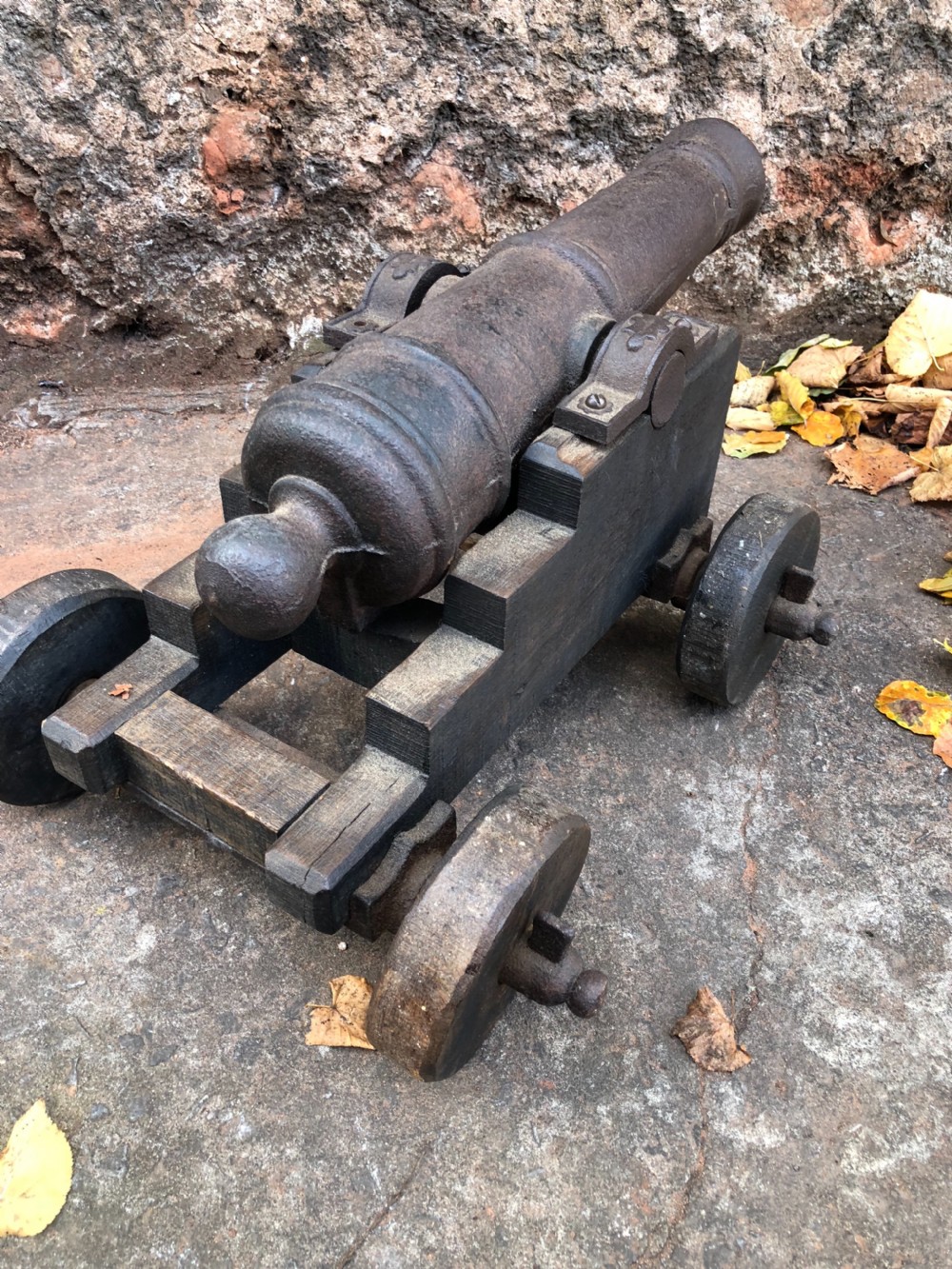C19th small cannon on wood and cast iron stand  View V