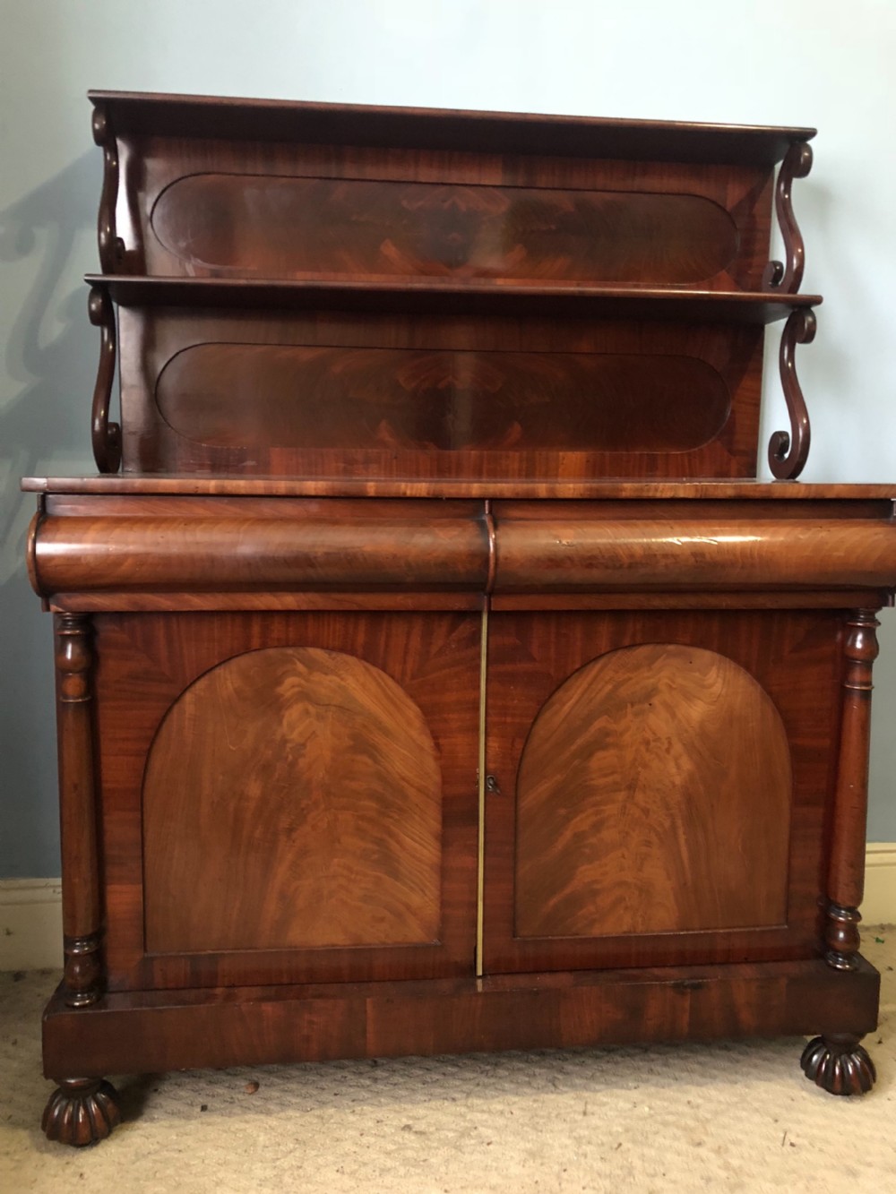 C19th mahogany chiffonier with c scrolled superstructure View IV