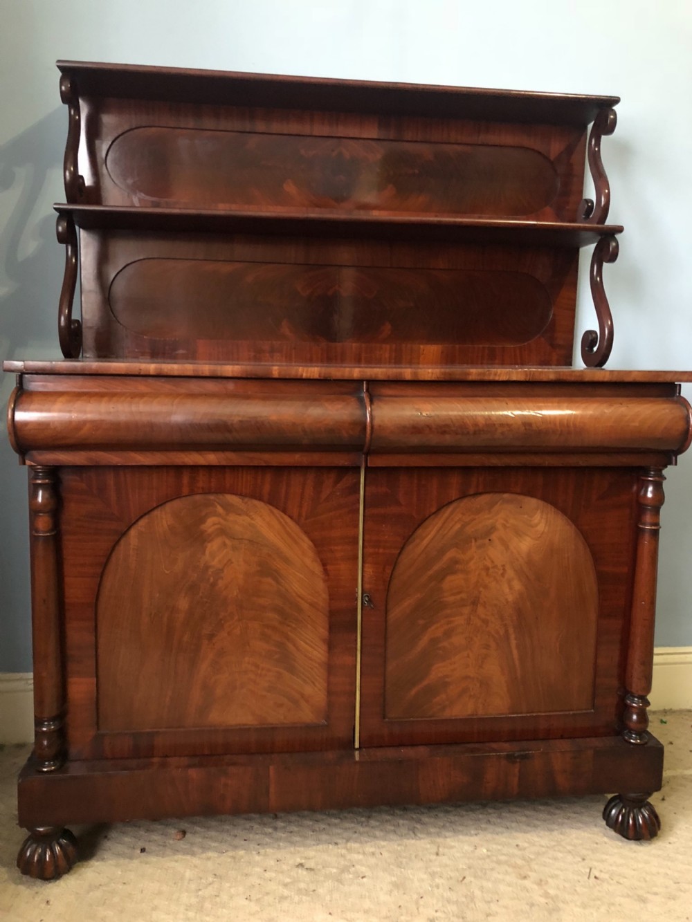 C19th mahogany chiffonier with c scrolled superstructure View V