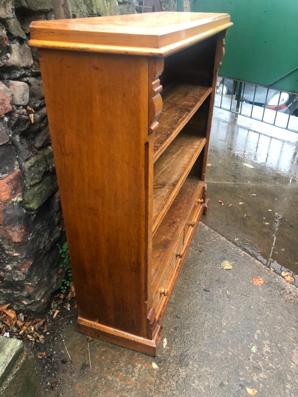 C19th golden oak floor standing bookcase with two drawers  View II