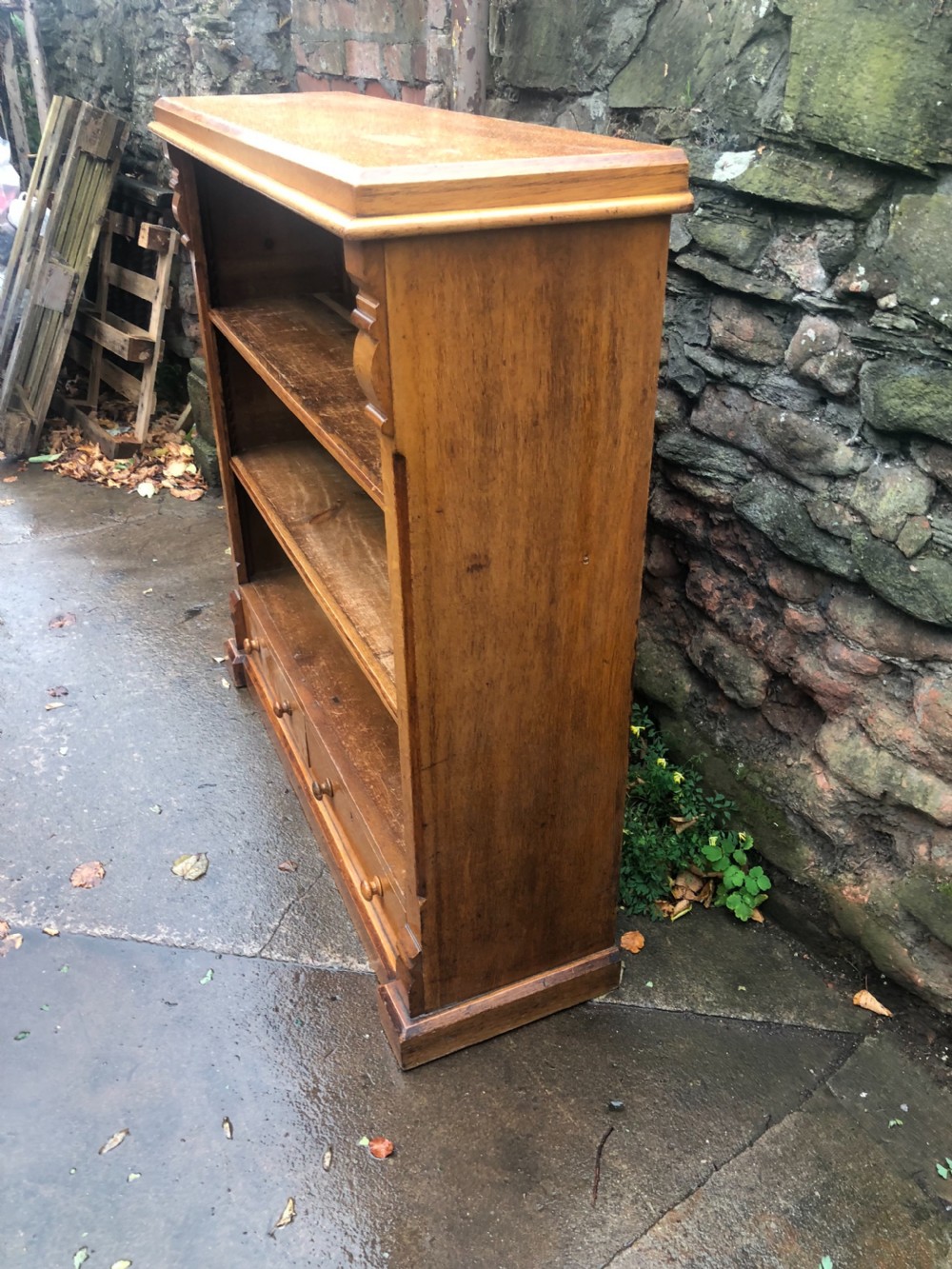 C19th golden oak floor standing bookcase with two drawers  View III