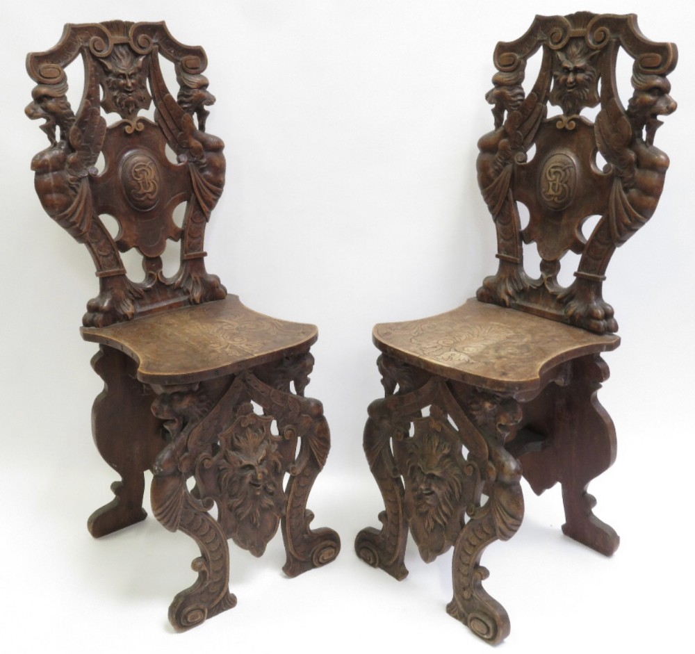 C19th pair of sgabello walnut carved hall chairs 