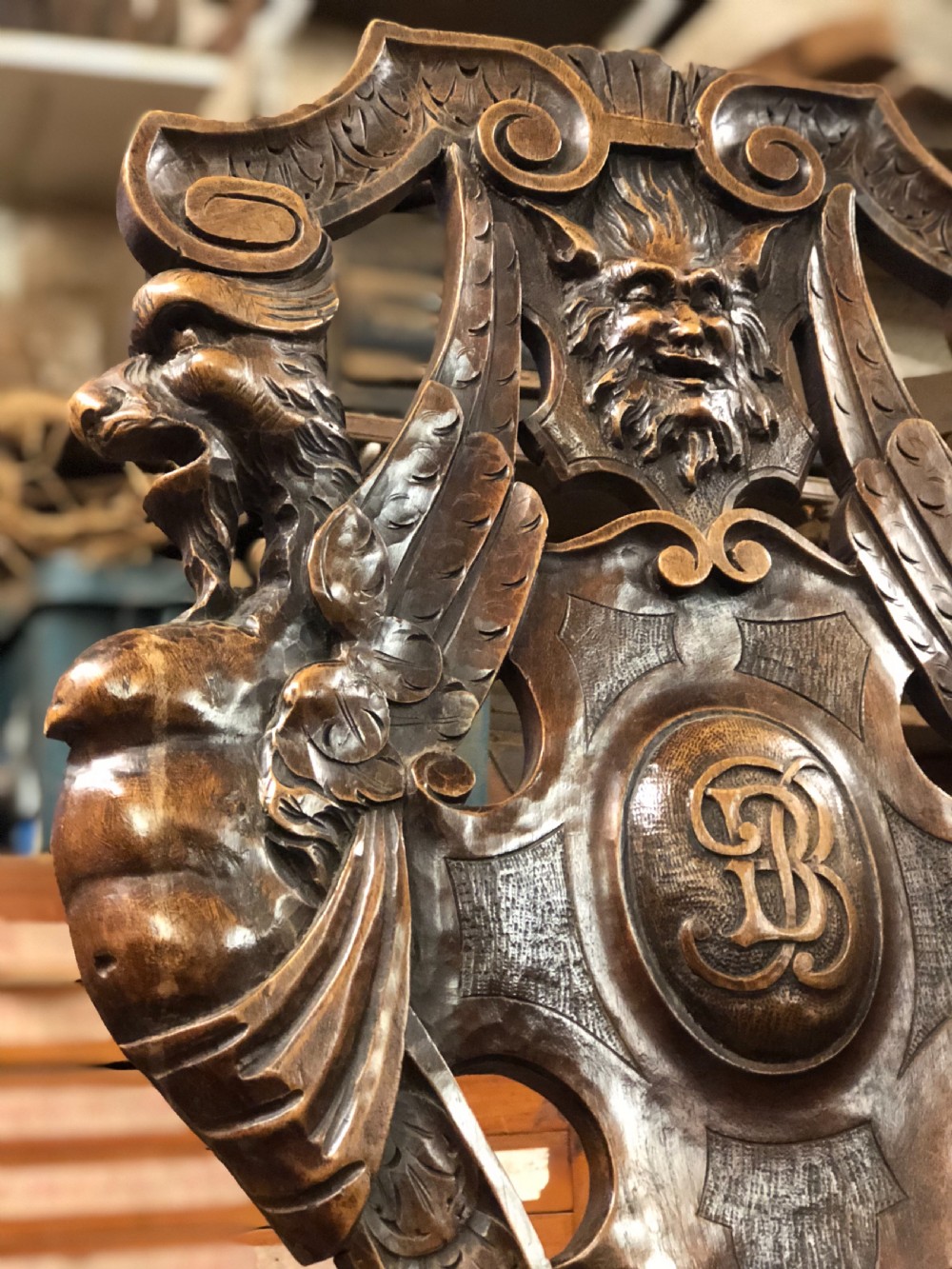 C19th pair of sgabello walnut carved hall chairs  View VII