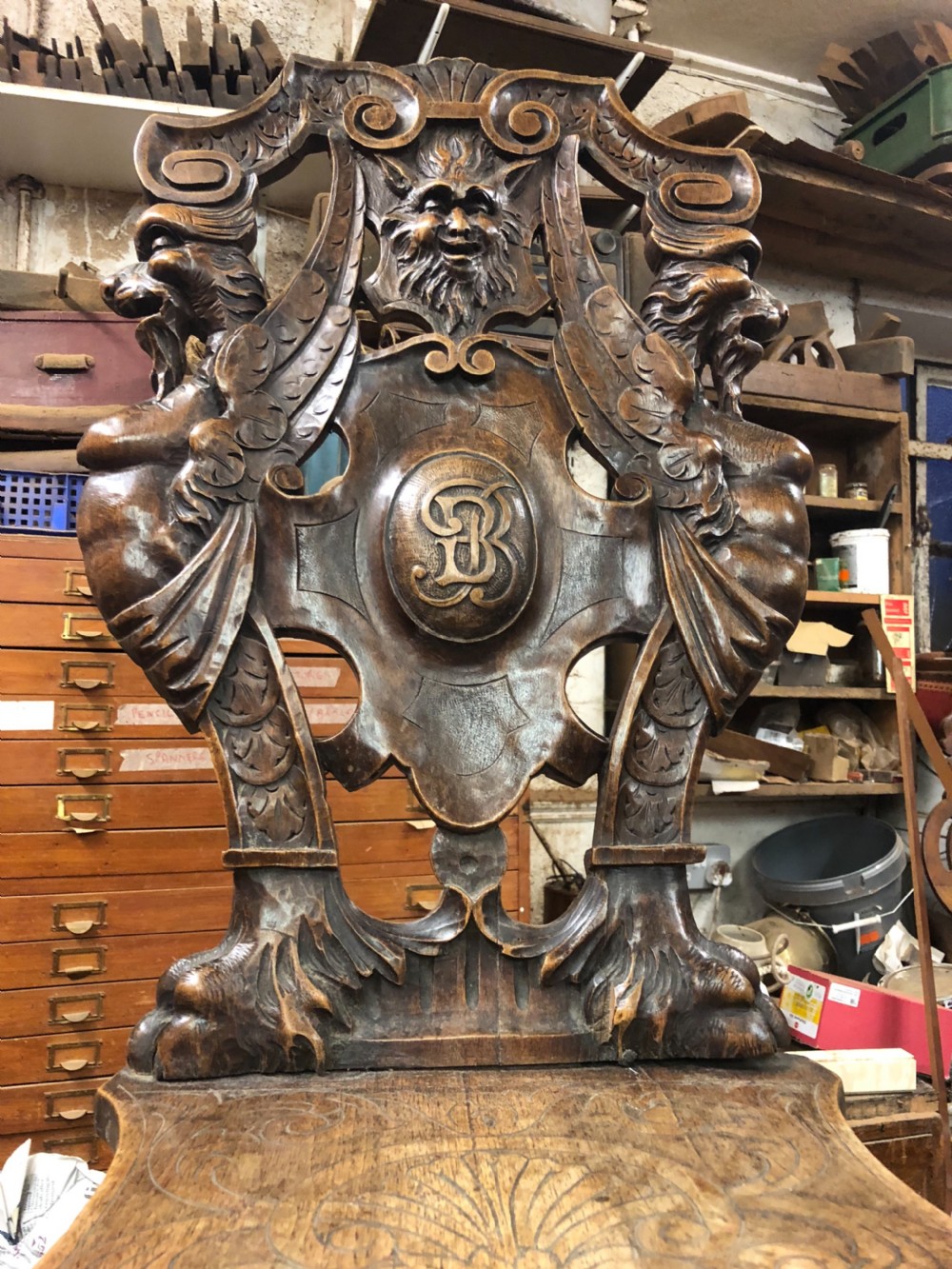 C19th pair of sgabello walnut carved hall chairs  View X