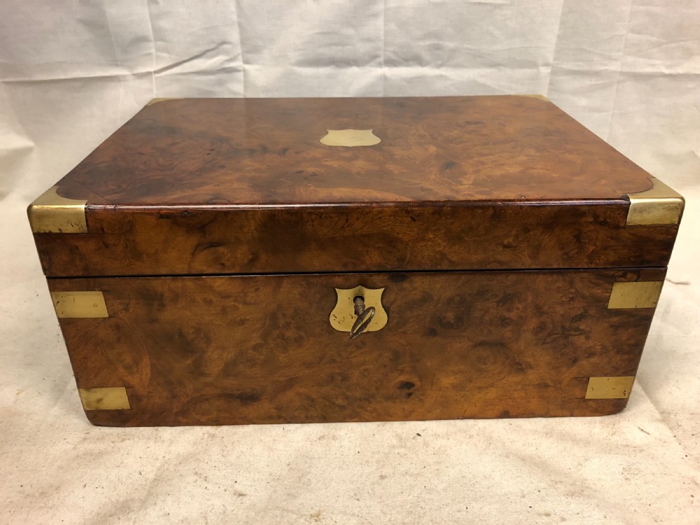 C19th burr walnut brass bound writing slope 