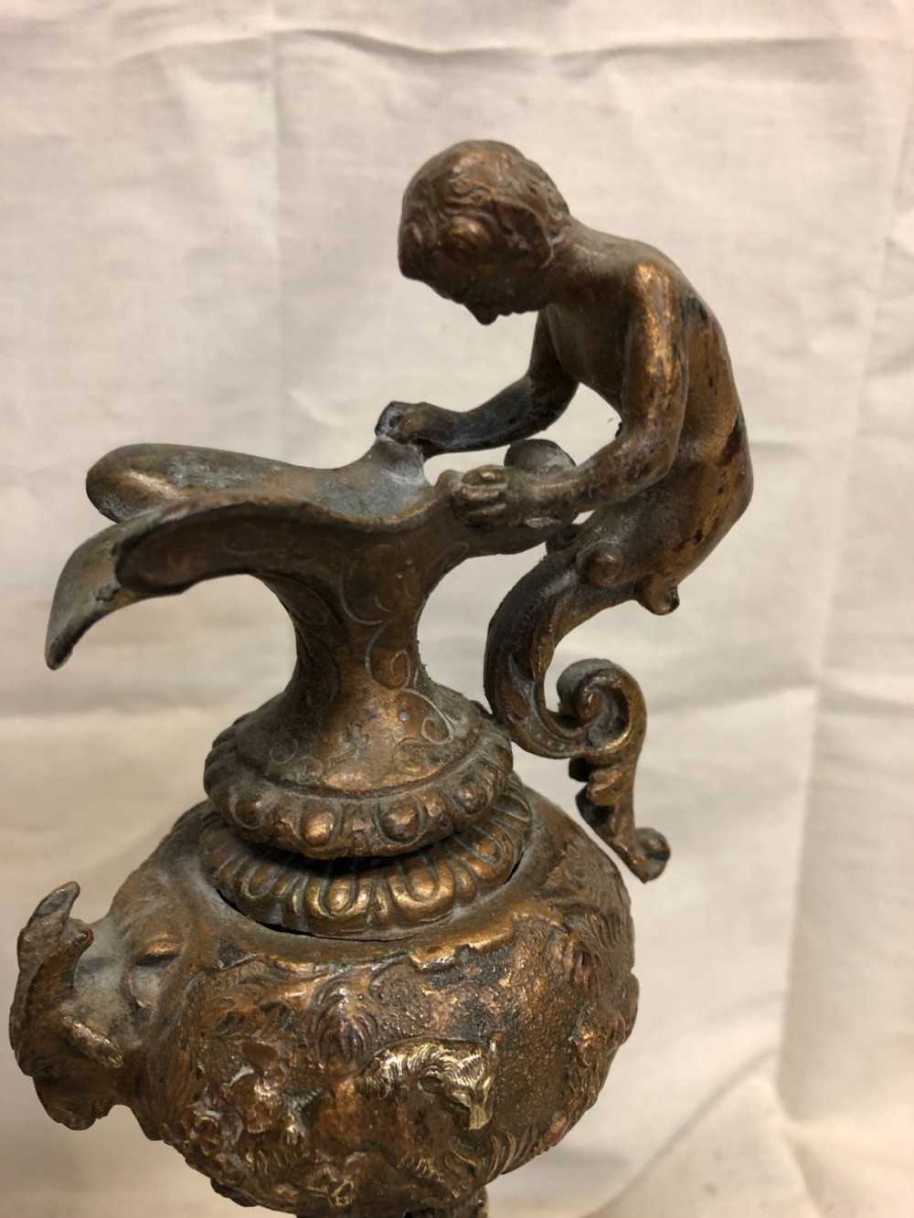 Pair of Classical gilt bronze urns on marble bases  View III