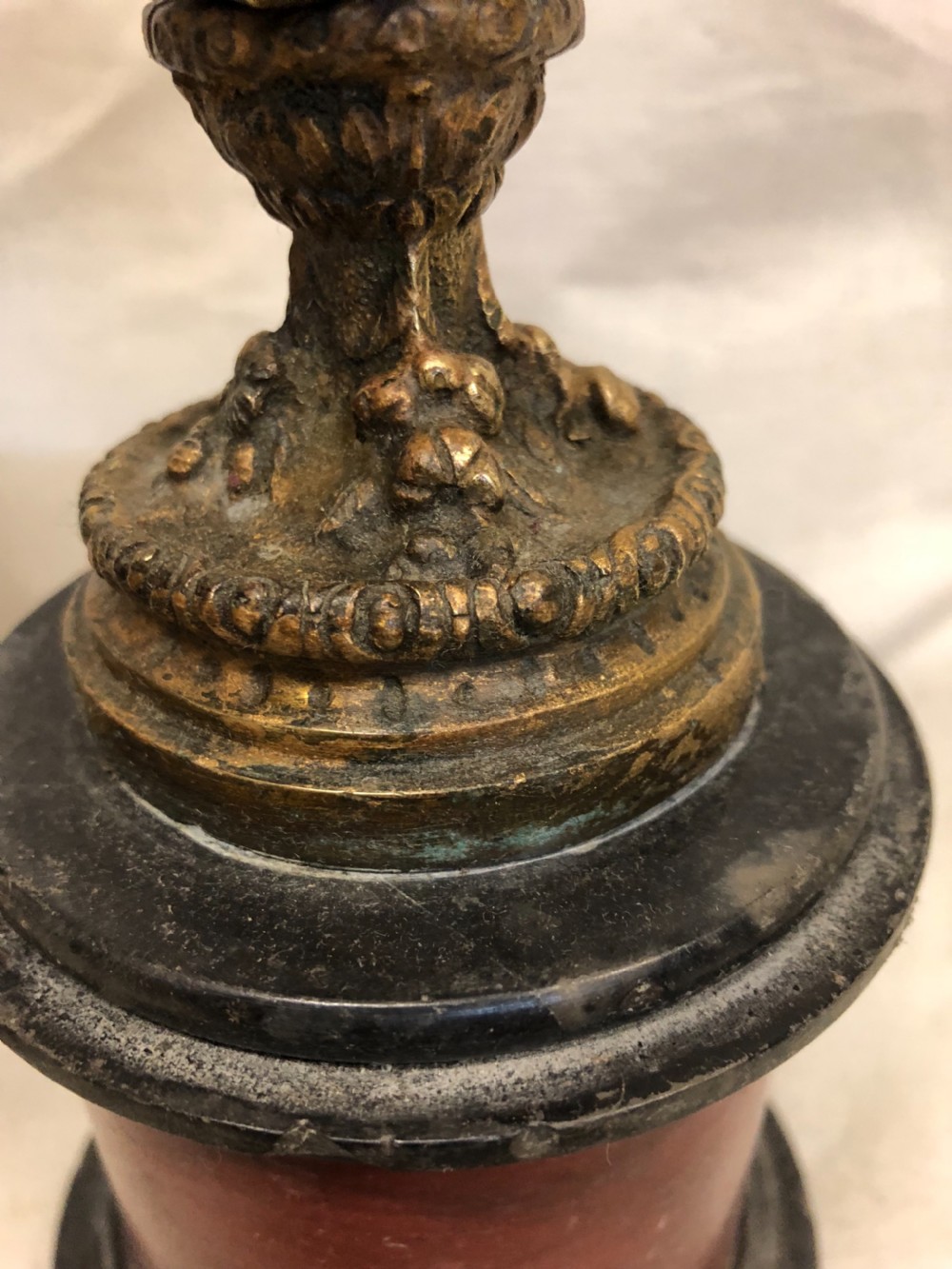 Pair of Classical gilt bronze urns on marble bases  View VI