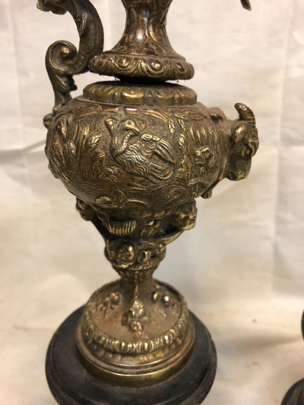 Pair of Classical gilt bronze urns on marble bases  View VII
