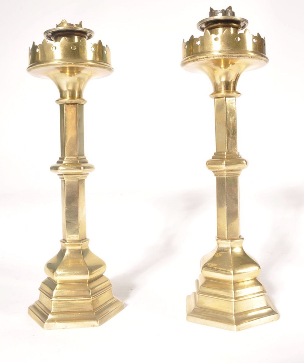 Pair of heavy brass gothic candlesticks