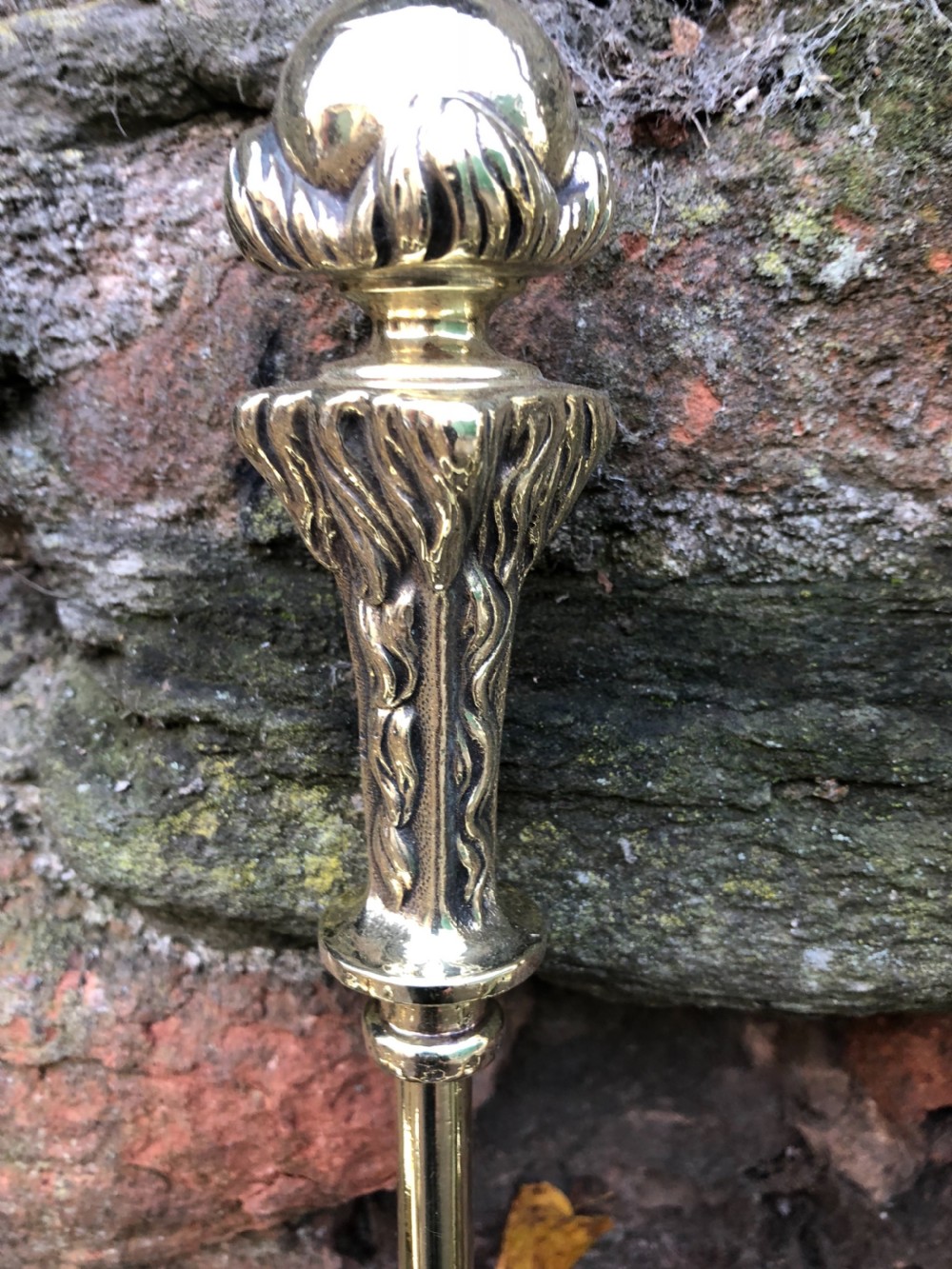 C19th brass fender complete with matching Andirons and fire irons  View V