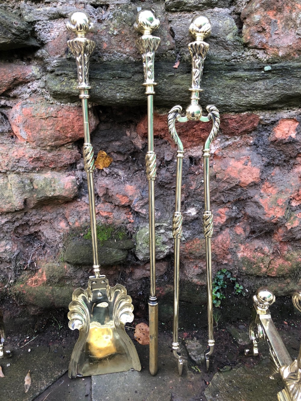C19th brass fender complete with matching Andirons and fire irons  View VI