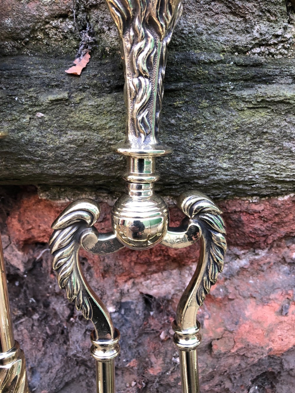C19th brass fender complete with matching Andirons and fire irons  View VII
