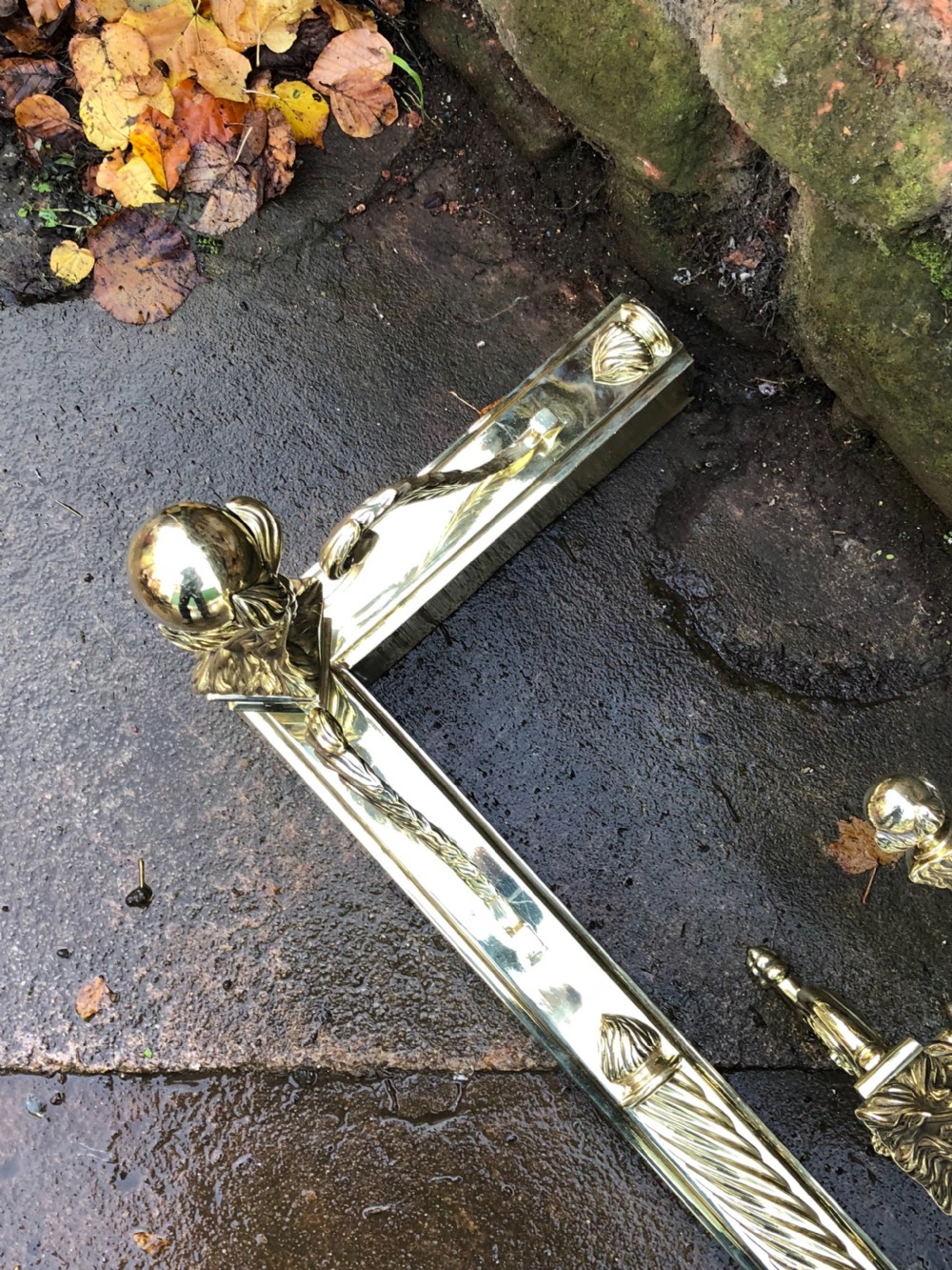C19th brass fender complete with matching Andirons and fire irons  View VIII