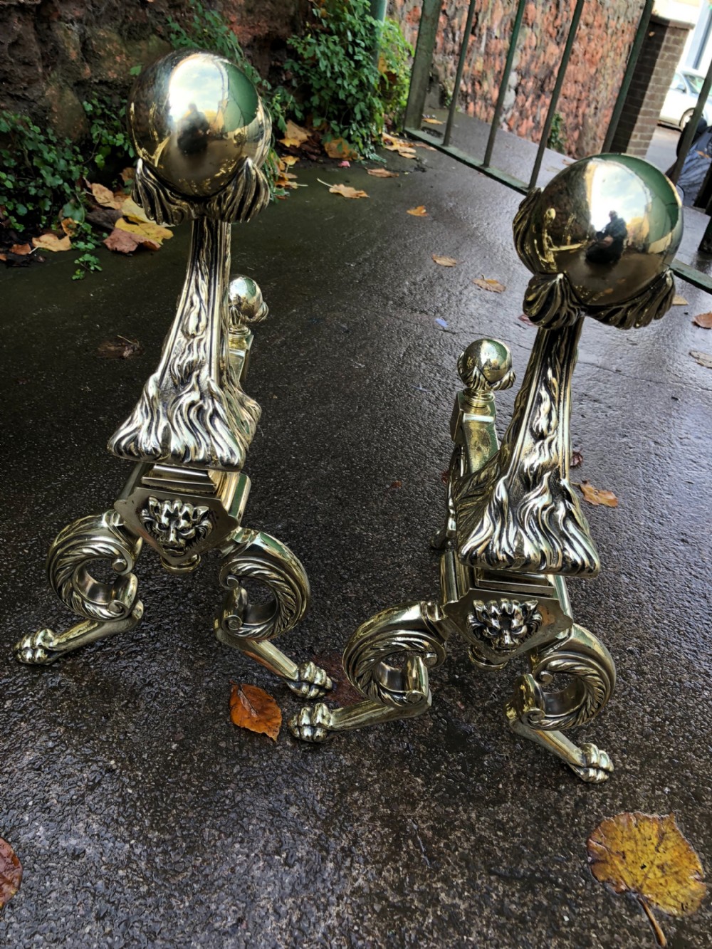 C19th brass fender complete with matching Andirons and fire irons  View IX