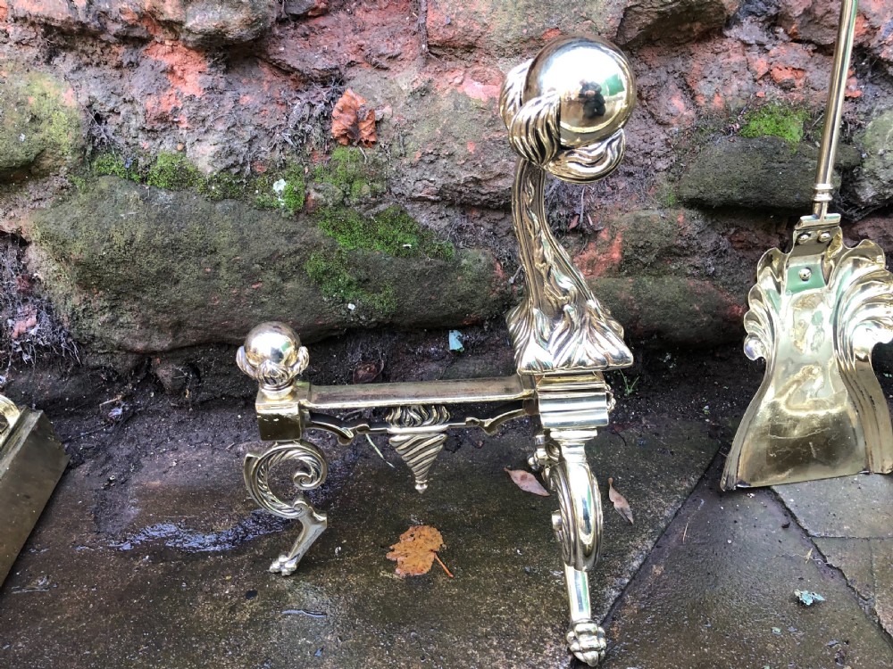 C19th brass fender complete with matching Andirons and fire irons  View X