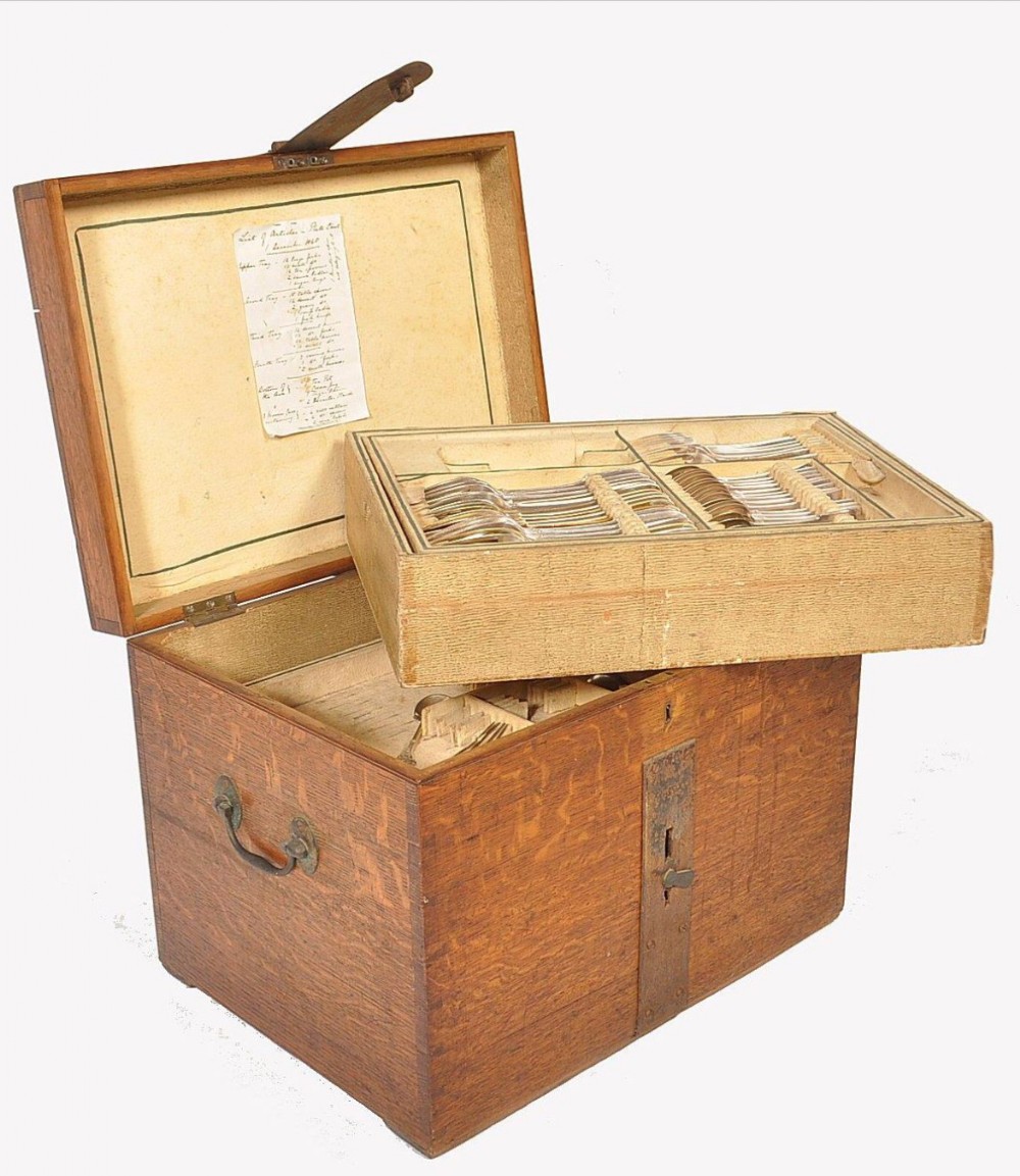 C19th oak and iron clasped silver chest of small proportions 