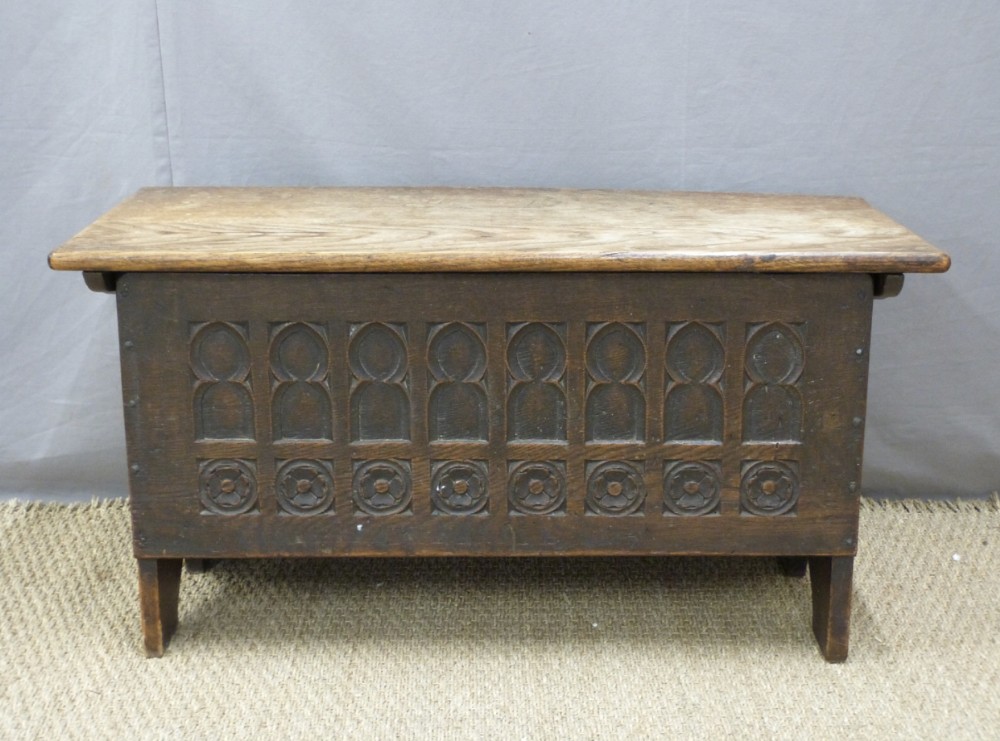 C19th elm gothic carved arts and crafts lidded box of small proportions 