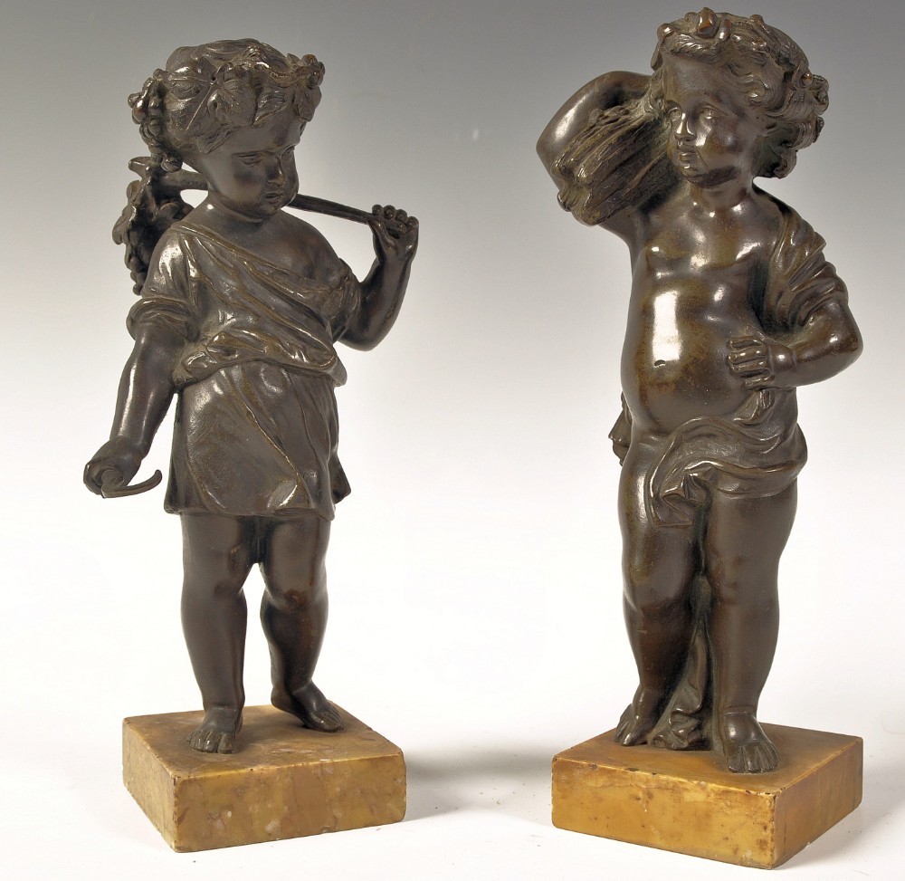 Pair of bronze figures on sienna marble bases 