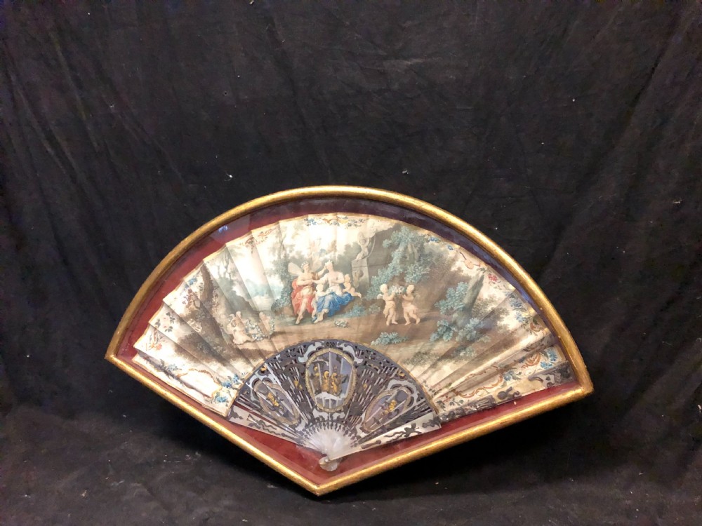 C18th painted fan in old frame  View II