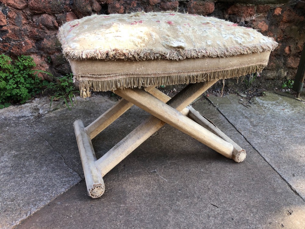 C19th material covered X framed stool 