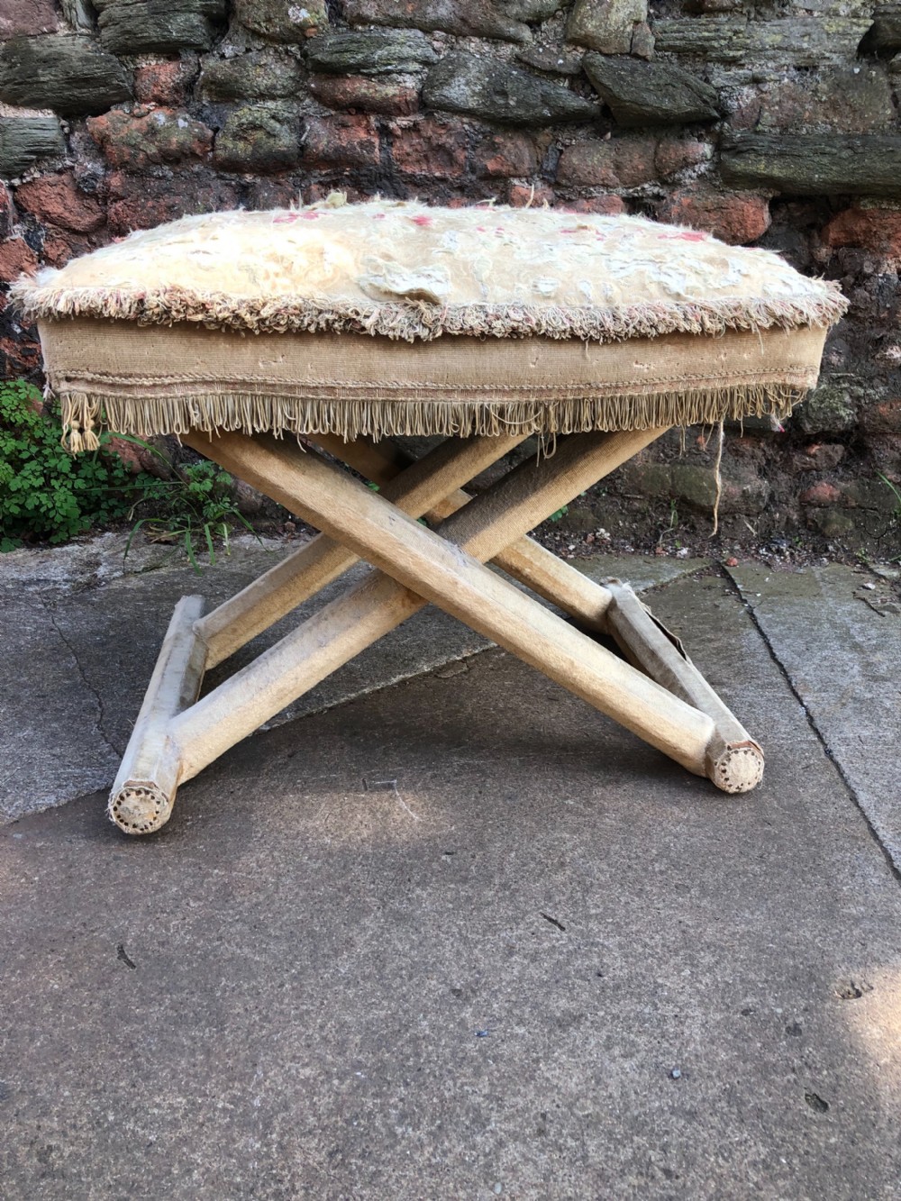 C19th material covered X framed stool  View II
