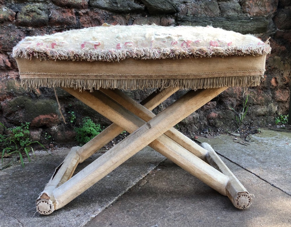 C19th material covered X framed stool  View X
