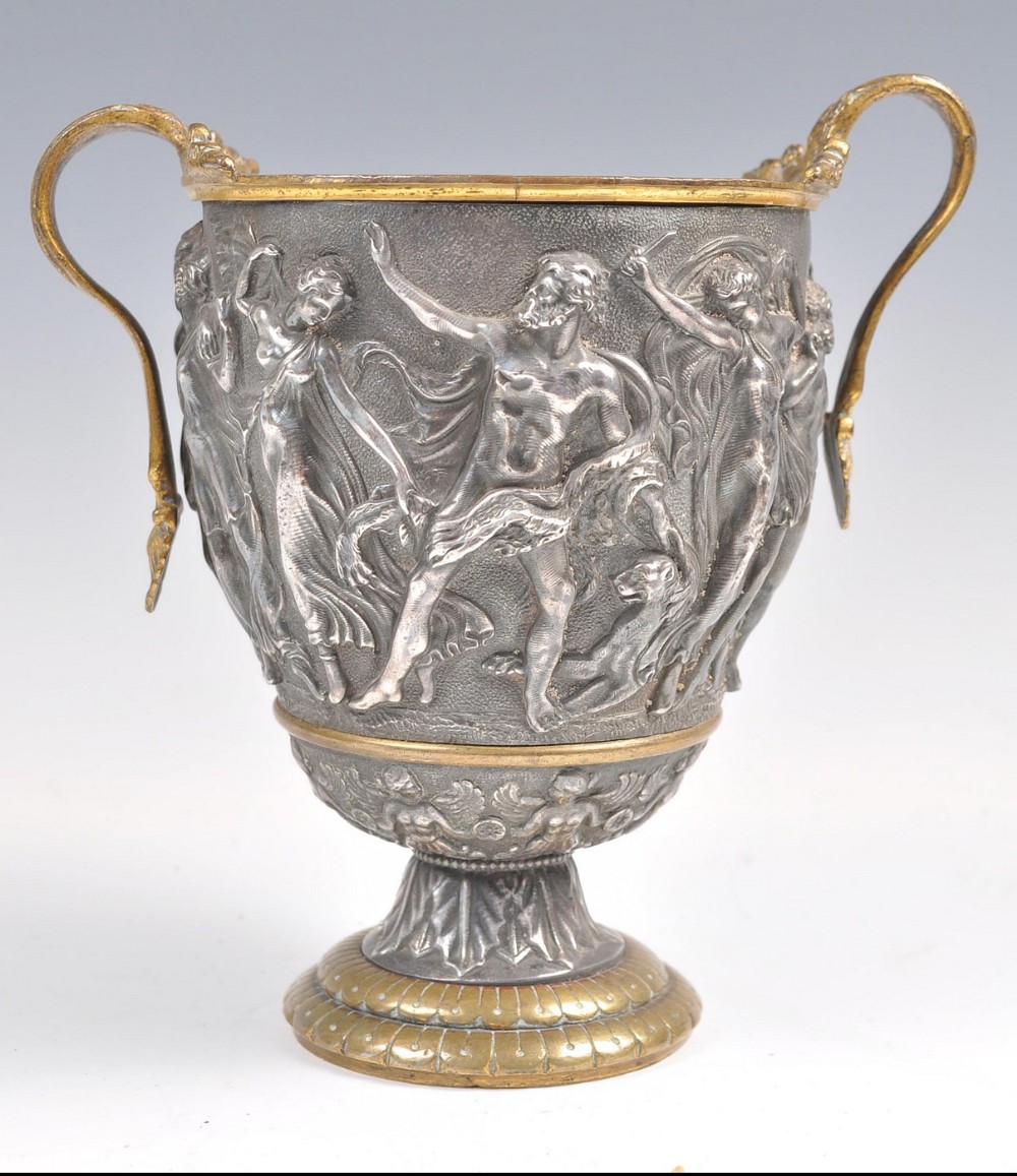 A C19th silver plated and brass chalice cup