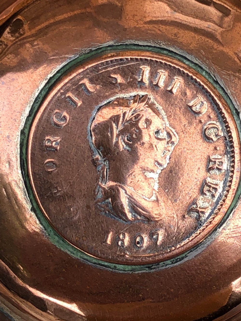 A George III copper lidded jug dated 1807 View IV