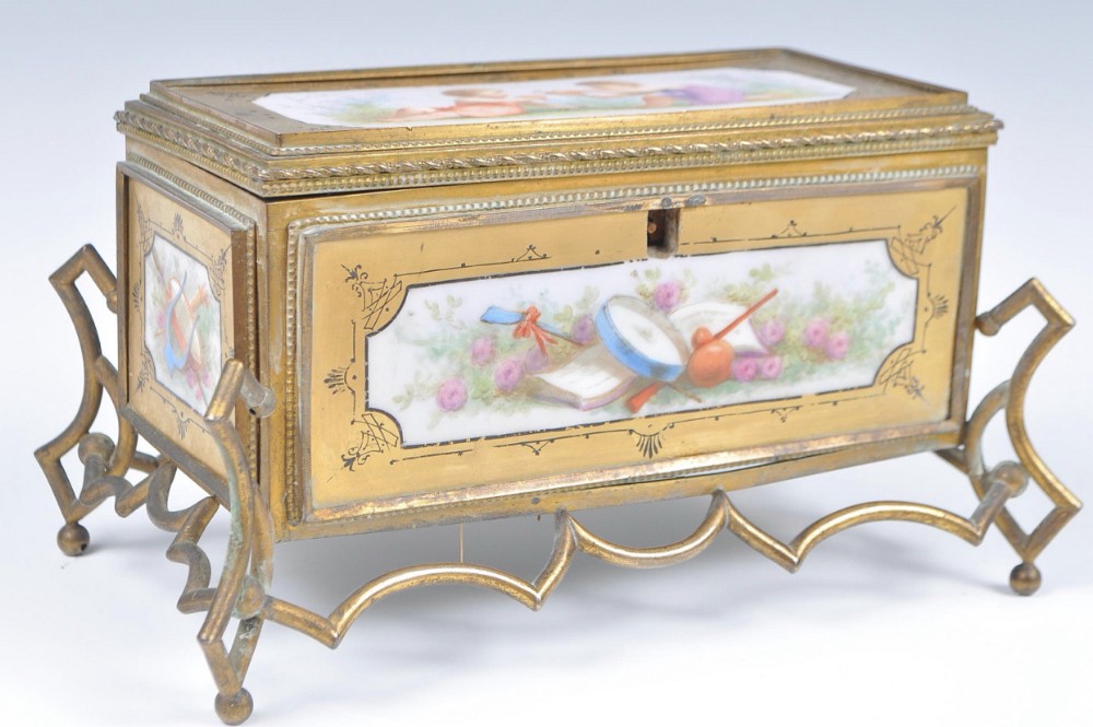 C19th gilt bronze box with sevres type panels 