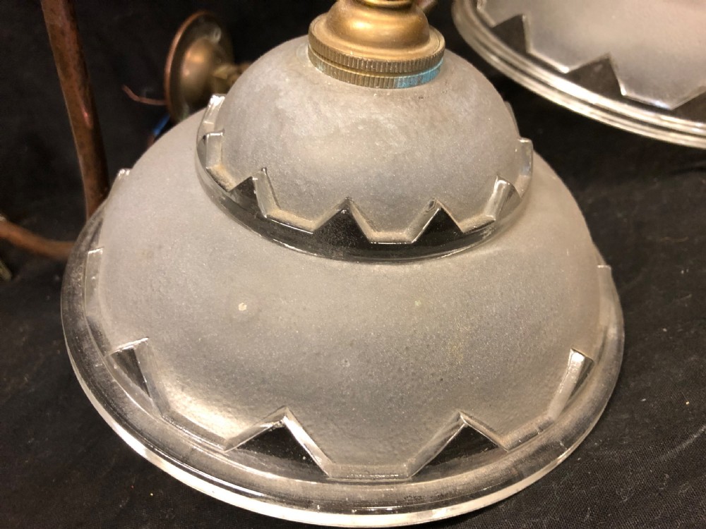 Pair of Edwardian brass wall lights with glass shades  View II